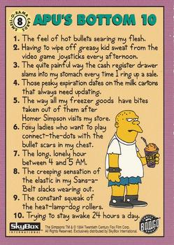 1994 SkyBox The Simpsons Series II - Smell-O-Rama #8 Apu's Bottom 10 Back