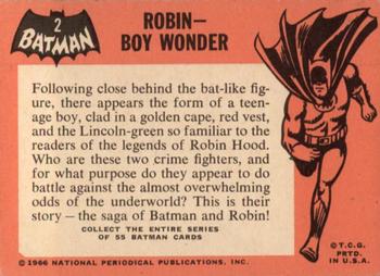 1966 Topps Batman (Black Bat Logo) #2 Robin - Boy Wonder Back