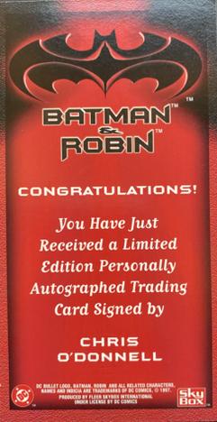 1997 SkyBox Batman & Robin Widevision - Autographs #NNO Chris O'Donnell Back