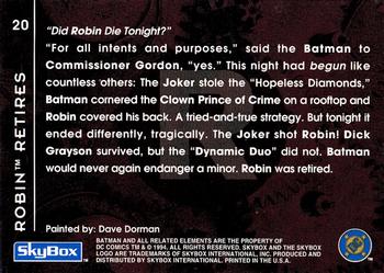 1994 SkyBox Batman: Saga of the Dark Knight #20 Robin, Robin Retires Back