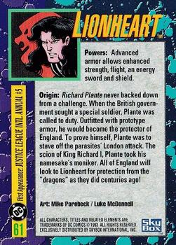1993 SkyBox DC Comics Bloodlines #61 Lionheart Back