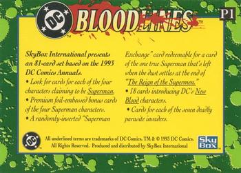 1993 SkyBox DC Comics Bloodlines - Promos #P1 The Man of Steel Back