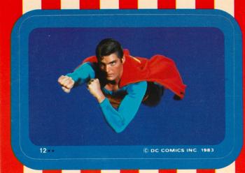 1983 Topps Superman III - Stickers #12 (Superman flying, right arm extended, blue background) Front