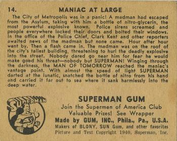 1941 Gum Inc. Superman (R145) #14 Maniac at Large Back