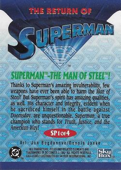 1993 SkyBox The Return of Superman - Foil #SP1 Superman - The Man of Steel! Back