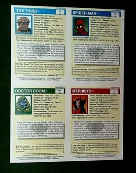 1990 Impel Marvel Universe - 4-card Panels #6-29-60-78 Thing / Spider Man / Doctor Doom / Mephisto Back