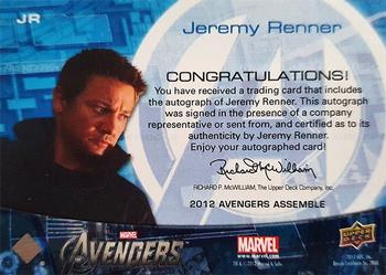 2012 Upper Deck Avengers Assemble - Autographs #JR Jeremy Renner Back