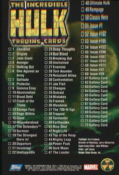 2003 Topps The Incredible Hulk #1 The Incredible Hulk Trading Cards / Checklist Back