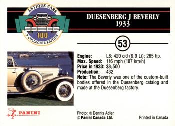 1992 Panini Antique Cars English Version #53 Duesenberg J Beverly 1933 Back