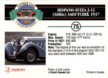 1992 Panini Antique Cars English Version #75 Hispano-Suiza J-12 (68Bis) Saoutchik 1937 Back