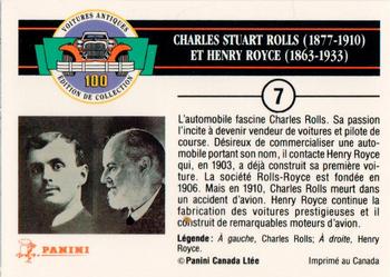 1992 Panini Antique Cars French Version #7 Charles Stuart Rolls & Henry Royce Back