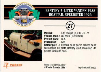 1992 Panini Antique Cars French Version #27 Bentley 3-Liter Vanden Plas Boattail Speedster 1926 Back