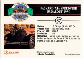 1992 Panini Antique Cars French Version #37 Packard 734 Speedster Runabout 1930 Back