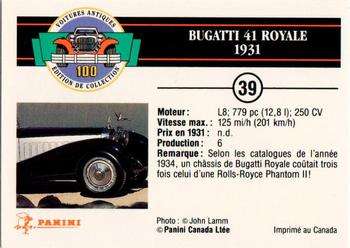 1992 Panini Antique Cars French Version #39 Bugatti 41 Royale 1931 Back