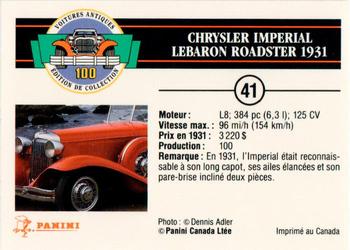 1992 Panini Antique Cars French Version #41 Chrysler Imperial LeBaron Roadster 1931 Back