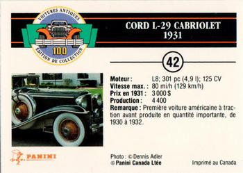 1992 Panini Antique Cars French Version #42 Cord L-29 Cabriolet 1931 Back