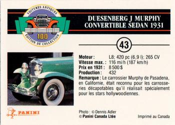 1992 Panini Antique Cars French Version #43 Duesenberg J Murphy Convertible Sedan 1931 Back