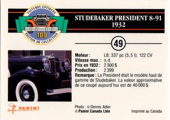 1992 Panini Antique Cars French Version #49 Studebaker President 8-91 1932 Back