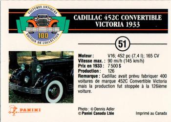 1992 Panini Antique Cars French Version #51 Cadillac 452C Convertible Victoria 1933 Back