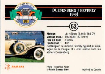 1992 Panini Antique Cars French Version #53 Duesenberg J Beverly 1933 Back