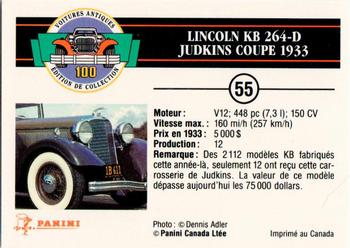 1992 Panini Antique Cars French Version #55 Lincoln KB 264-D Judkins Coupe 1933 Back