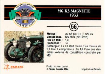 1992 Panini Antique Cars French Version #56 MG K3 Magnette 1933 Back
