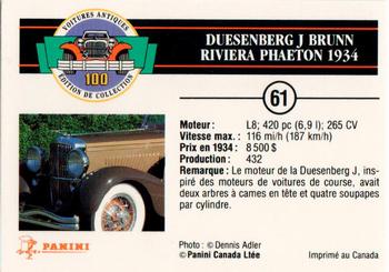 1992 Panini Antique Cars French Version #61 Duesenberg J Brunn Riviera Phaeton 1934 Back