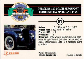 1992 Panini Antique Cars French Version #81 Delage D8 120 Coach Aerosport Letourneur & Marchand 1938 Back