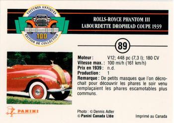 1992 Panini Antique Cars French Version #89 Rolls-Royce Phantom III Labourdette Drophead Coupe 1939 Back