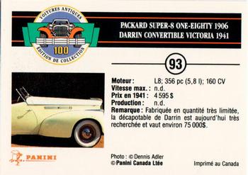 1992 Panini Antique Cars French Version #93 Packard Super-8 One-Eighty 1906 Darrin Convertible Victoria 1941 Back