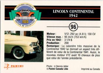 1992 Panini Antique Cars French Version #96 Lincoln Continental 1942 Back