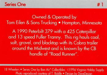 1994-95 Bon Air 18 Wheelers #1 Tom Eilen & Son Trucking - 1990 Peterbilt 379 /425 Caterpiller Back