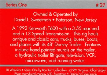 1994-95 Bon Air 18 Wheelers #29 David L Sweetman - 1992 Kenworth T600 Back