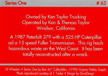 1994-95 Bon Air 18 Wheelers #63 Ken Taylor Trucking - 1987 Peterbilt 379/ 525 Cat Back