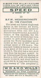 1938 Wills's Speed #10 B.F.W. Messerschmitt Bf. 109 Fighter Back