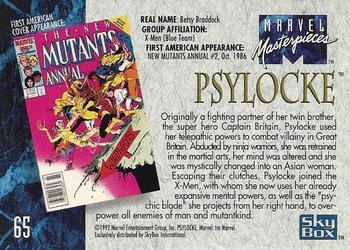 1992 SkyBox Marvel Masterpieces #65 Psylocke Back