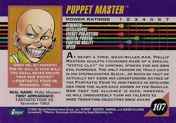 1992 Impel Marvel Universe #107 Puppet Master Back