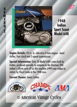 1992-93 Champs American Vintage Cycles #87 1948 Indian Sport Scout Model 648 Back