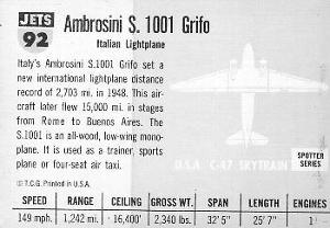1956 Topps Jets (R707-1) #92 Ambrosini Grifo             Italian lightplane Back