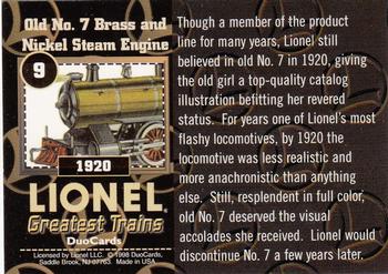 1998 DuoCards Lionel Greatest Trains #9 1920  Old No. 7 Brass and Nickel Steam Engine Back