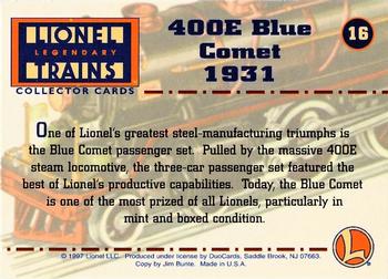 1997 DuoCards Lionel Legendary Trains #16 400E Blue Comet 1931 Back