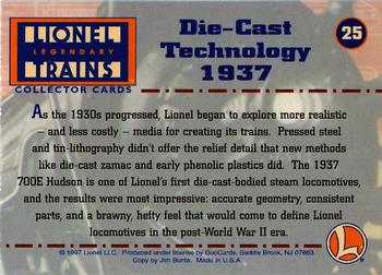 1997 DuoCards Lionel Legendary Trains #25 Die-Cast Technology 1937 Back
