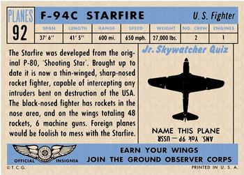 1957 Topps Planes (R707-2) #92 F-94C Starfire Back