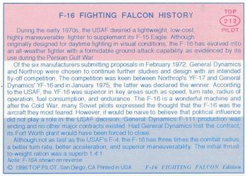 1989-00 Top Pilot #212 F-16 Fighting Falcon Back