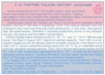 1989-00 Top Pilot #213 F-16 Fighting Falcon Back