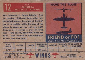 1952 Topps Wings Friend or Foe (R707-4) #12 B-57 Canberra Back
