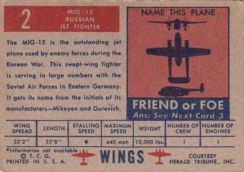 1952 Topps Wings Friend or Foe (R707-4) #2 MIG-15 Back