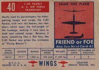 1952 Topps Wings Friend or Foe (R707-4) #40 C-82 Packet Back