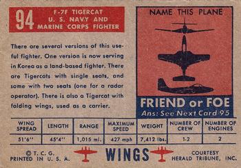 1952 Topps Wings Friend or Foe (R707-4) #94 F7F Tigercat Back