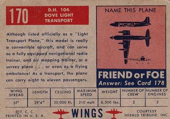 1952 Topps Wings Friend or Foe (R707-4) #170 DH 104 Dove Light Transport Back